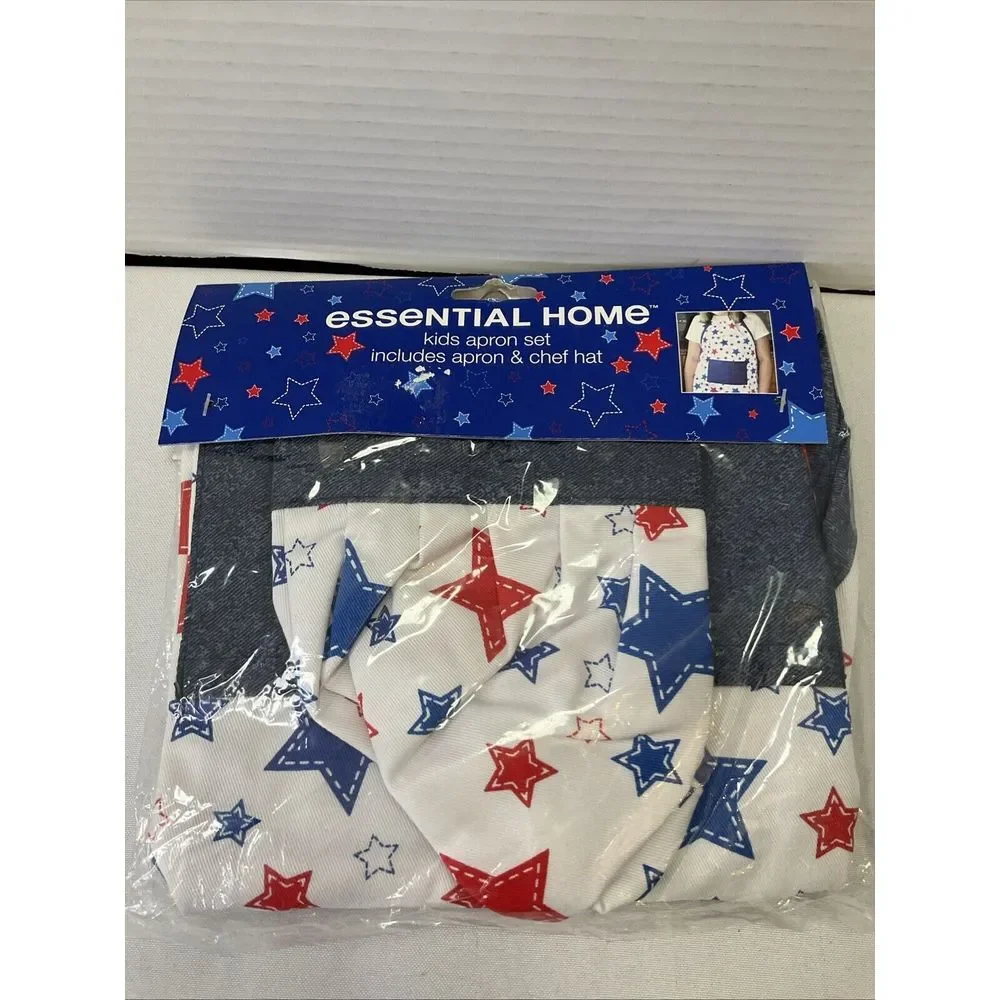 Kmart Home‎ Essentials Child Cooking Apron/Chef Hat Set White Red Blue Stars